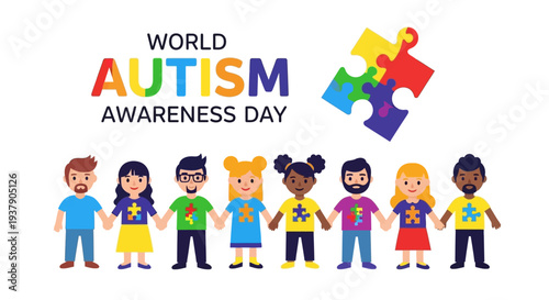 Diverse group of cartoon children holding hands together in a symbol of autism awareness on World Autism Awareness Day
