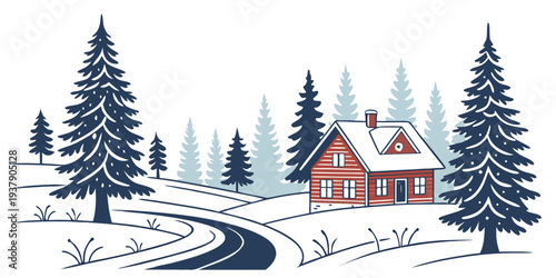 A charming red house nestled in a serene winter wonderland surrounded by snow-covered trees Vector