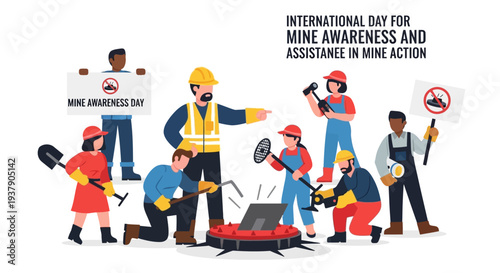 International Day for Mine Awareness and Assistance in Mine Action illustration featuring people detecting explosive devices