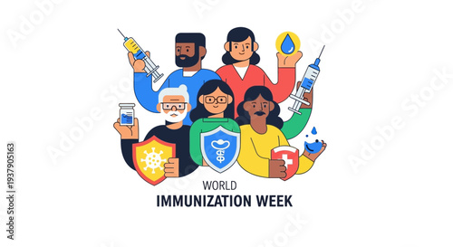 Diverse group of people celebrating World Immunization Week with medical professionals and symbols of health and protection