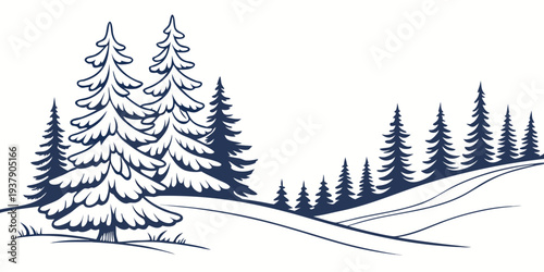 A serene winter landscape with snow-covered trees and a calm horizon Vector