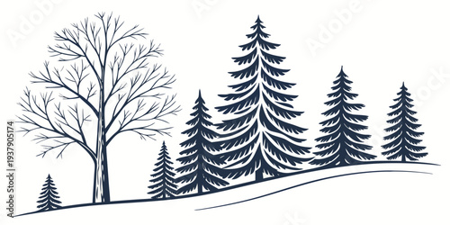 A serene forest landscape with tall trees and a gentle slope in the background Vector