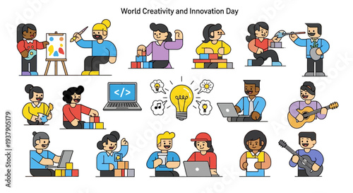 Innovative individuals engaging in various creative activities on World Creativity and Innovation Day