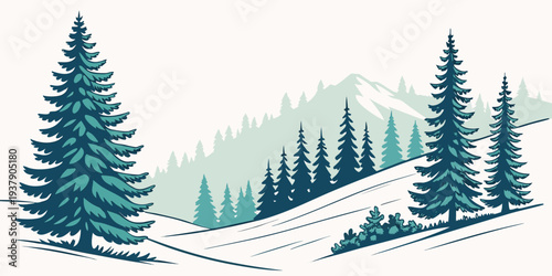 A serene winter landscape with snow-covered trees and a peaceful valley below. Vector