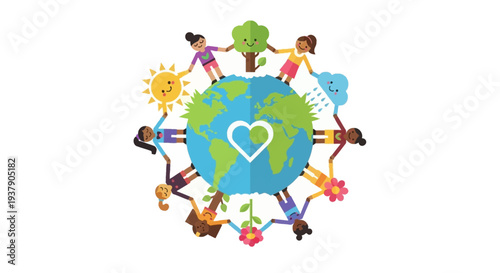 Diverse people holding hands around the world with a heart in the center
