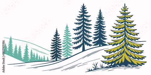A serene winter landscape with snow-covered trees and a clear blue sky Vector