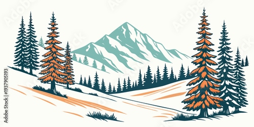A picturesque winter landscape with snow-covered trees and mountains in the background Vector