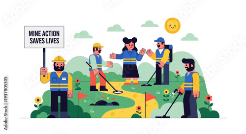 Demining operation in progress with workers clearing landmine in a sunny landscape from an aerial viewpoint