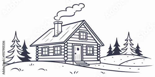 A charming log cabin nestled in a serene, snowy forest landscape with smoke rising from the chimney. Vector