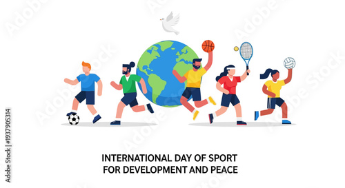 Global sports day celebration with diverse athletes and activities around the earth, promoting development and peace worldwide
