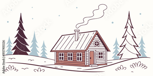 A charming red barn house surrounded by snow-covered trees in a serene winter landscape Vector