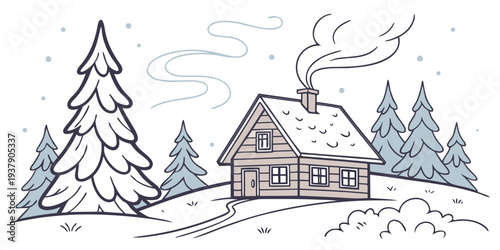 A charming winter scene featuring a cozy cabin surrounded by snow-covered trees. Vector