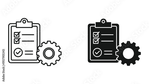 Checklist with gear icon, symbolizing project management, task completion, and operational efficiency