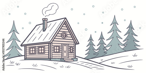 A cozy cabin nestled in a snowy forest with a chimney emitting smoke. Vector