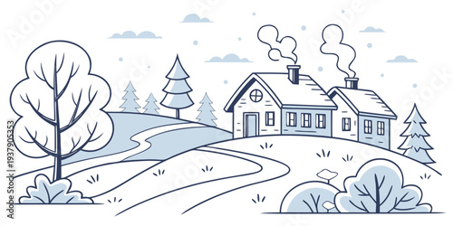A serene winter landscape with a charming house and tall trees under a clear sky Vector