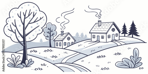 A peaceful countryside scene with a farmhouse, trees, and animals in a serene landscape. Vector