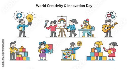 Creative people engaging in various artistic activities and innovation endeavors in a vibrant celebration setting