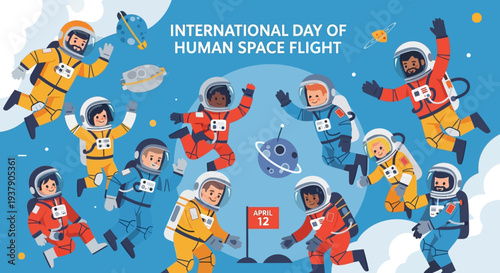 Diverse astronauts floating in space celebrating International Day of Human Space Flight with joy and excitement
