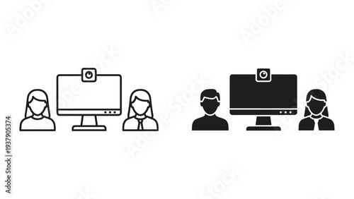 Online Meeting Icons: People and Computer Screen with Webcam, Line Art and Silhouette Styles