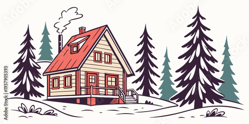 A charming wooden house nestled among tall pine trees in a serene winter landscape Vector