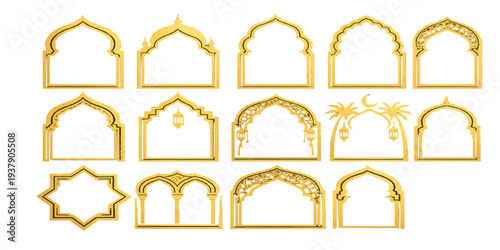 Golden Islamic Arch Frame Set with Ornamental Arabic Window Shapes – Decorative Ramadan and Eid Mubarak Border Collection.