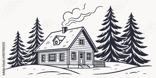 A charming log cabin nestled in a serene winter wonderland surrounded by tall pine trees. Vector