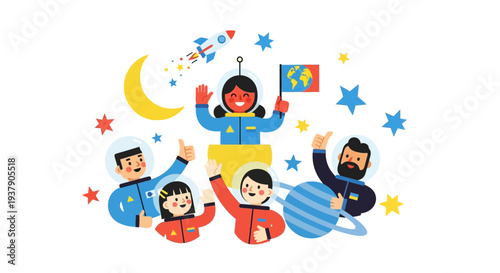 Children in Space Suits Floating Together with Flags and Stars