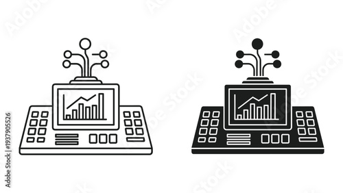 Data Analysis Machine with Graph and Control Panel Icons: Line and Silhouette