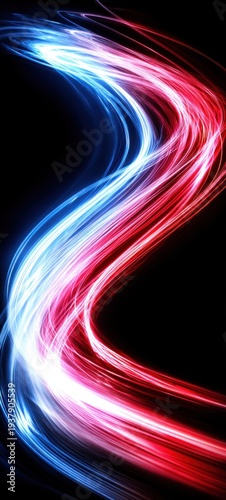 Abstract glowing red and blue light trails swirling on a dark background