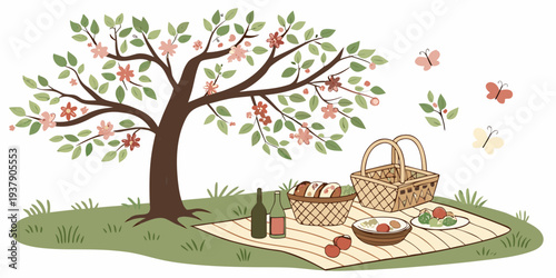 A peaceful scene of a family having a picnic under a large tree with falling leaves Vector