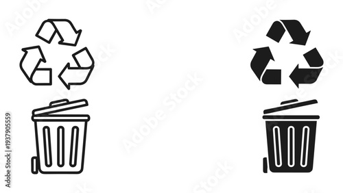Recycle symbol and trash can icons set, representing waste management and sustainability, flat design, black and white