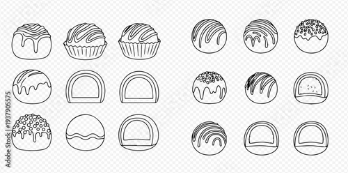Set of outline illustrations of various chocolate truffles and bonbons, some cut in half to show filling, on a transparent background.