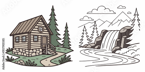 A serene winter landscape featuring a cozy cabin and a picturesque snowy mountain range Vector