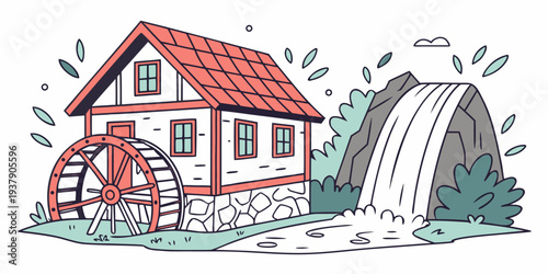 A charming house with a red roof and a picturesque waterfall nearby Vector