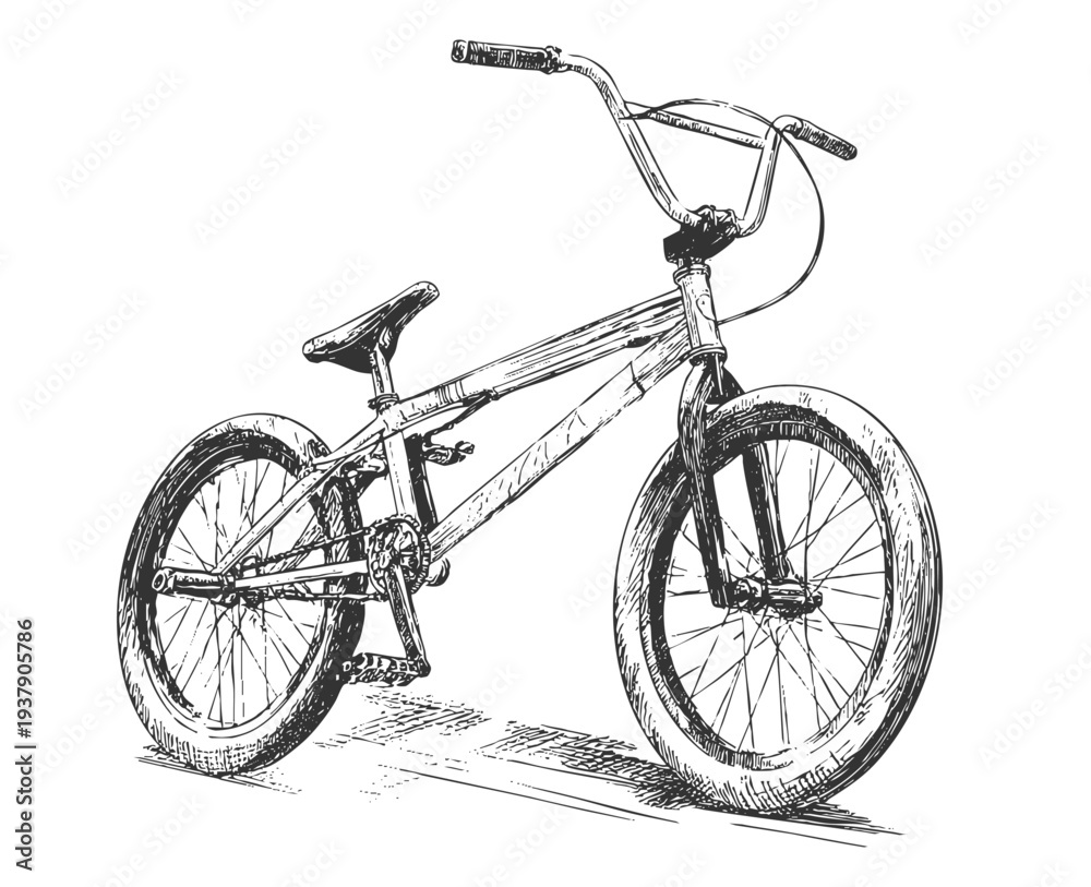 Fototapeta premium BMX Bike Vintage Engraving Vector Sketch Illustration Extreme Sports Bicycle Ink Drawing Style showing urban extreme sports, transport, and freestyle riding culture.