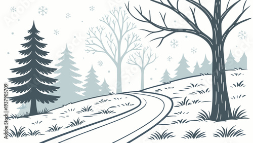 A serene winter landscape with a winding path through a snowy forest. Vector