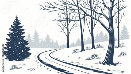 A serene winter landscape with a winding path surrounded by snow-covered trees Vector