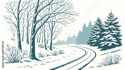 A serene winter landscape with a winding path through a snow-covered forest Vector