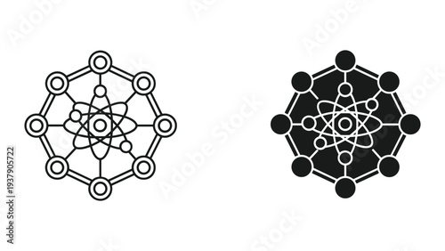 Abstract science network icon with atom symbol and molecules, outline and solid fill
