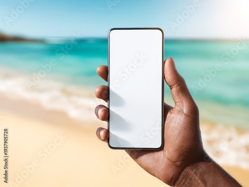 person on the beach holding up a smartphone with a blank screen