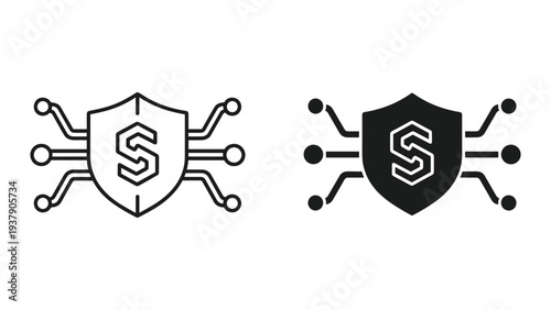 Digital Security Shield with S Dollar Symbol and Circuit Board Connections