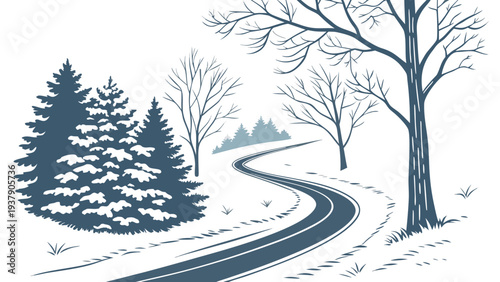 A serene winter landscape with a winding path through a forest of evergreen trees. Vector