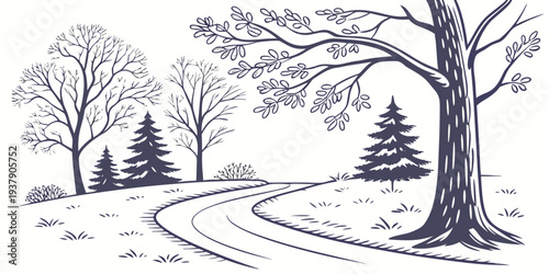 A picturesque autumn scene with a winding path surrounded by tall trees and colorful foliage Vector