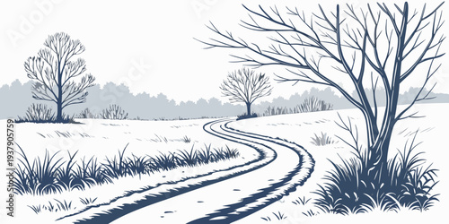 A serene winter landscape with bare trees and a winding path in the snow. Vector
