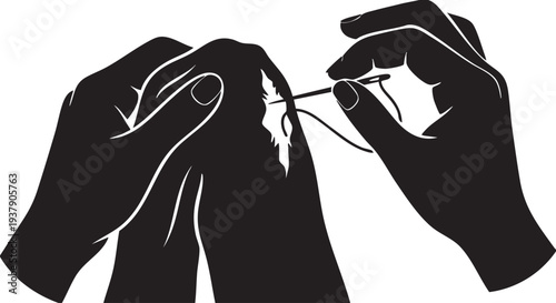 Mending Hands with Needle and Thread on Pants Knee, Textile Repair Silhouette