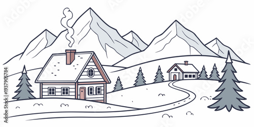 A serene winter scene with a cozy cabin nestled among snow-covered mountains Vector