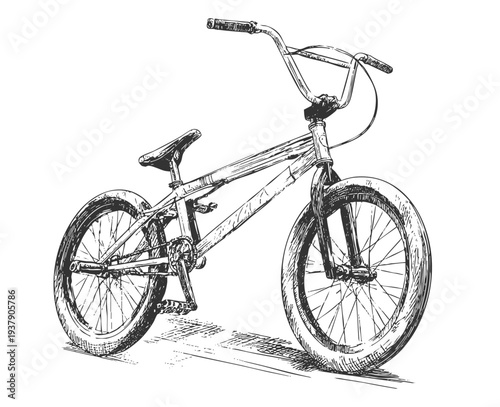 BMX Bike Vintage Engraving Vector Sketch Illustration Extreme Sports Bicycle Ink Drawing Style showing urban extreme sports, transport, and freestyle riding culture.