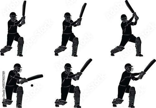 Black silhouette cricket batsman poses with bat and ball, showing diverse batting techniques, sports education illustration, training resource, and dynamic stock design imagery.