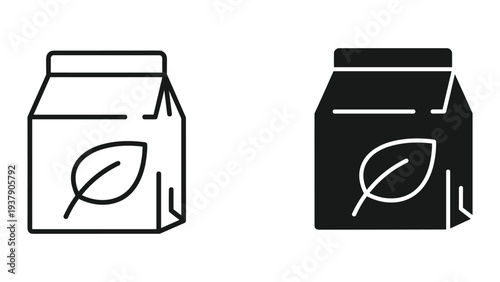 Eco-friendly packaging icon with leaf symbol, vector illustration, line art and silhouette