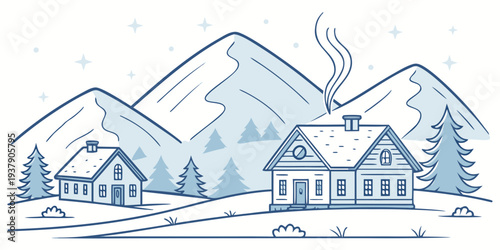A serene winter scene with a cozy cabin nestled in the snowy mountains Vector